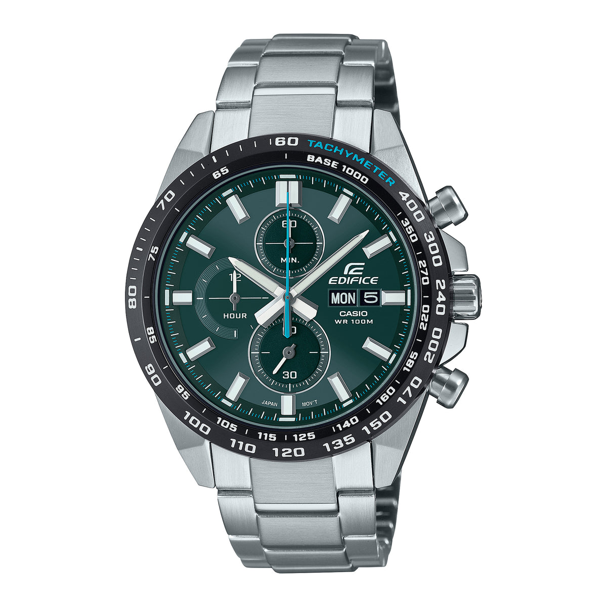 Reloj Edifice EFR-574DB-3AVUDF, vista frontal, esfera verde y brazalete de acero